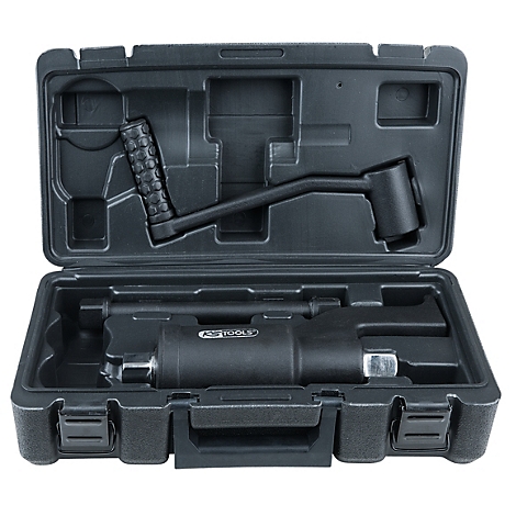 Schwarzer Werkzeugkoffer mit Werkzeug, geöffnet. Werkzeug: Hebel, Stange, und Zylinder. Die Marke "KS TOOLS" ist sichtbar.